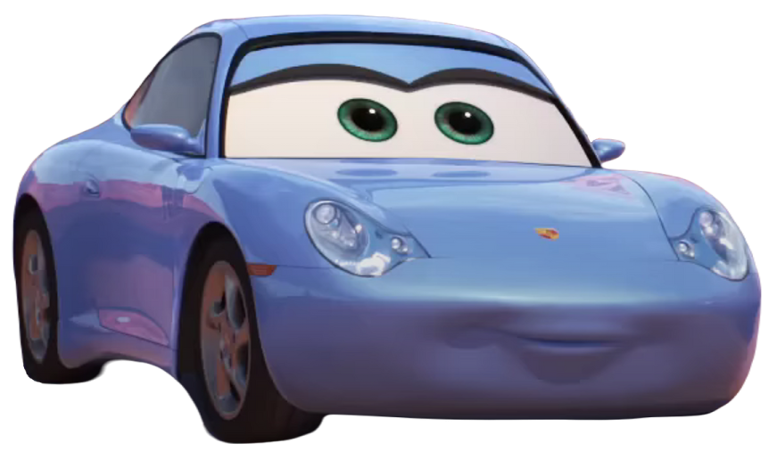 a blue car with green eyes and a white background