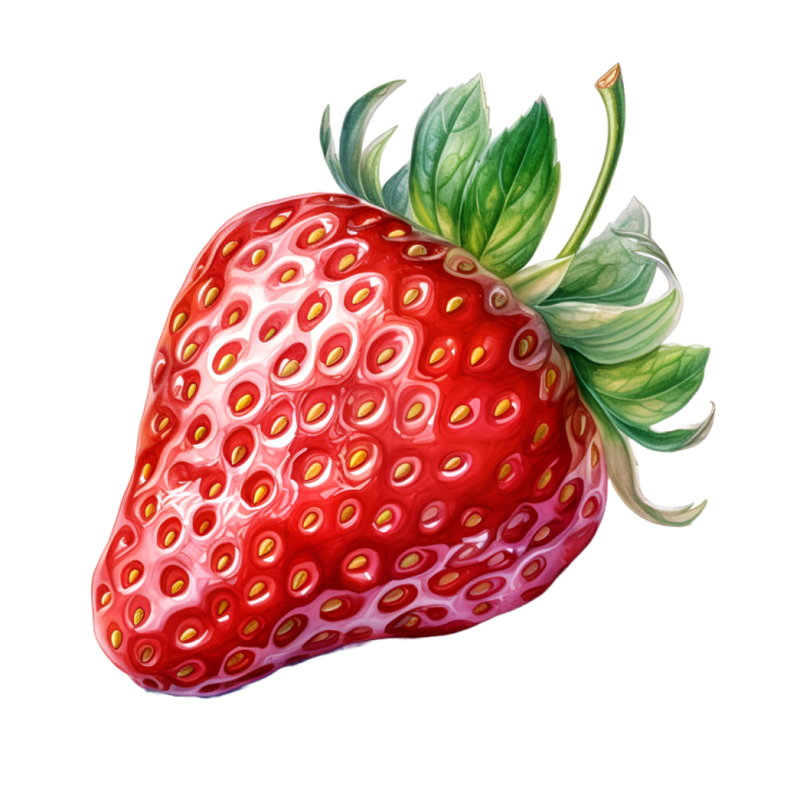 a drawing of a strawberry with green leaves