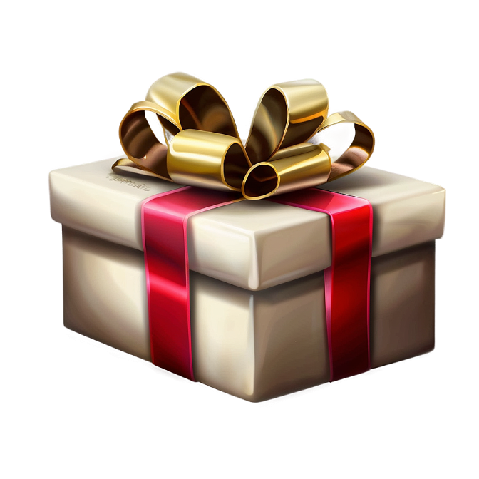 a gift box with red ribbon and gold bow