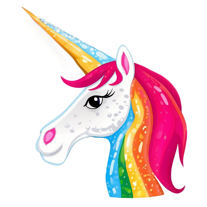 a colorful unicorn head with a rainbow mane