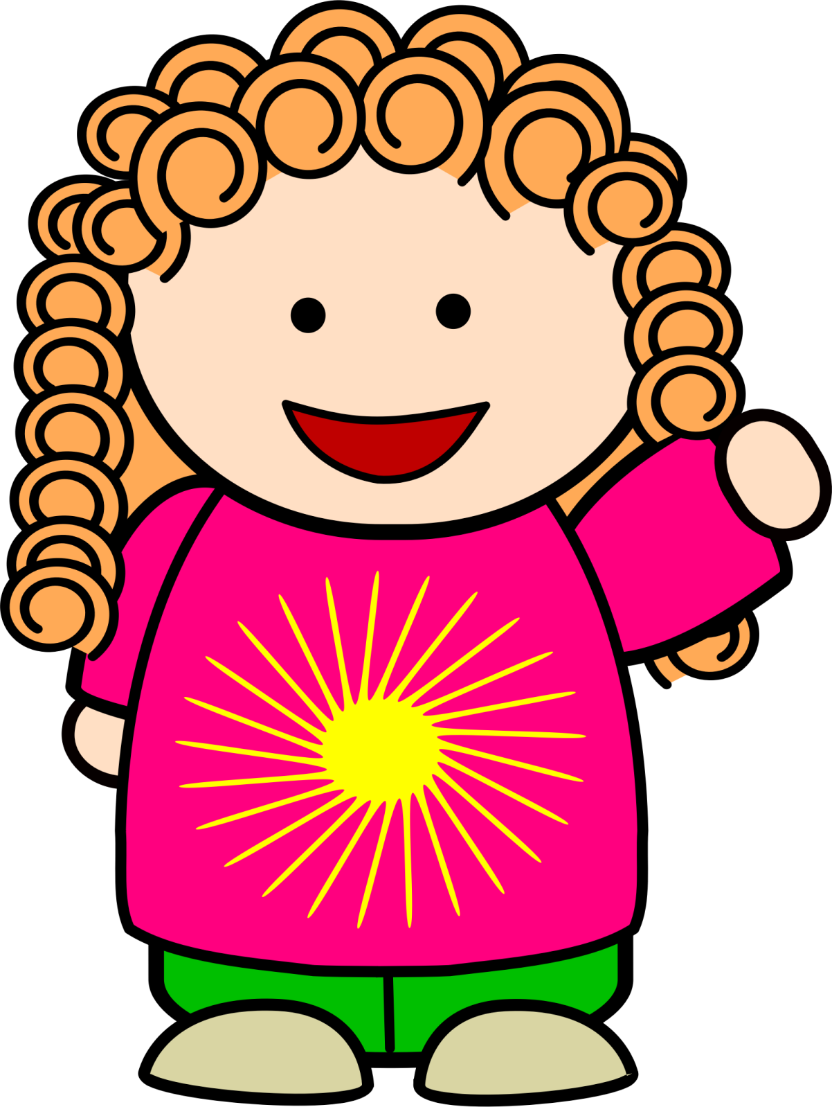 a girl with blonde hair wearing a pink shirt and green pants