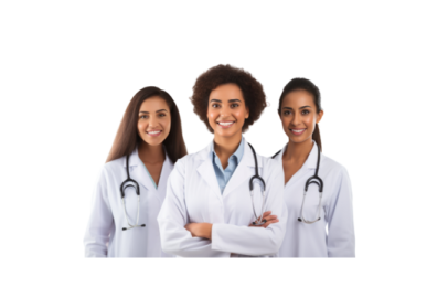 three women in white lab coats