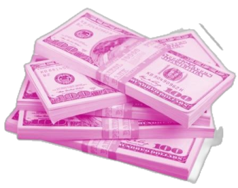 a pile of pink money on a white background