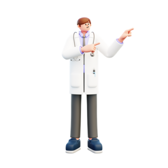 a male doctor in a white lab coat pointing at something