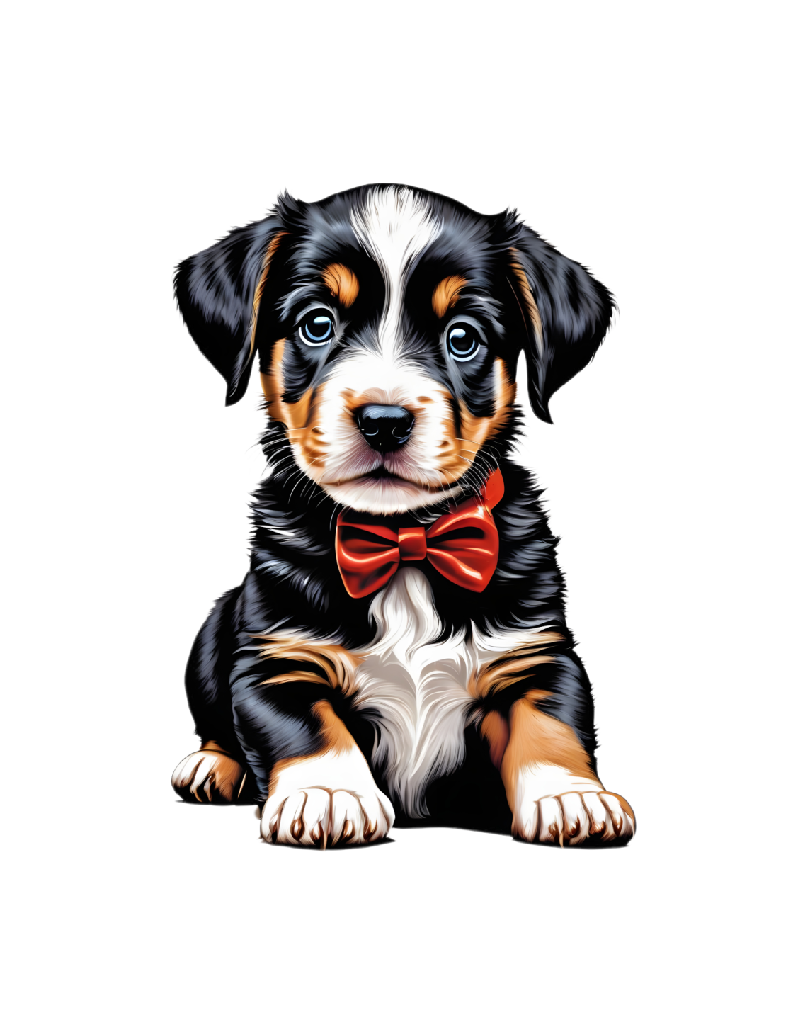 a black and white puppy with a red bow tie