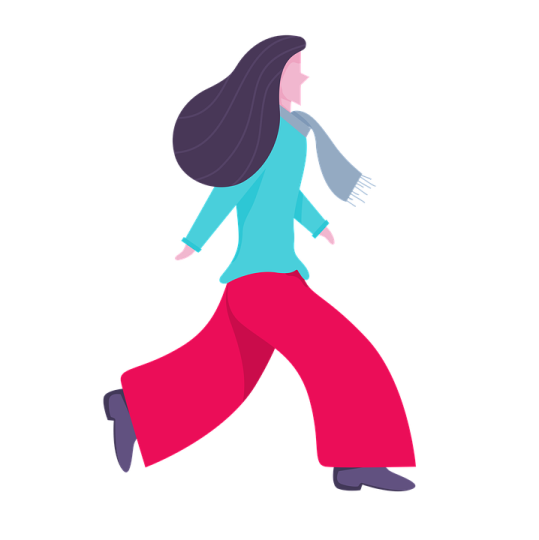a woman in red pants and blue shirt walking