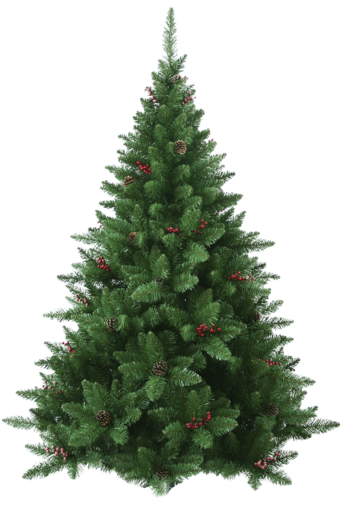 a christmas tree with red berries and pine cones