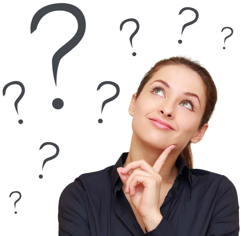 a woman looking up with question marks above her head