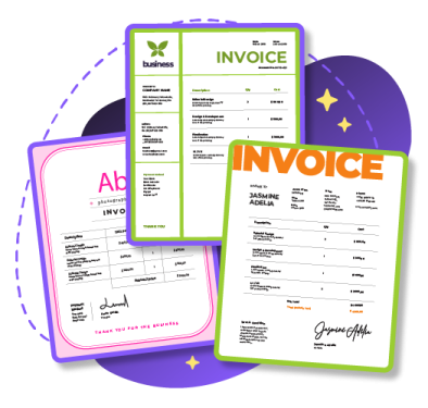two invoices with a green and purple background