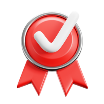 a red badge with a check mark on it