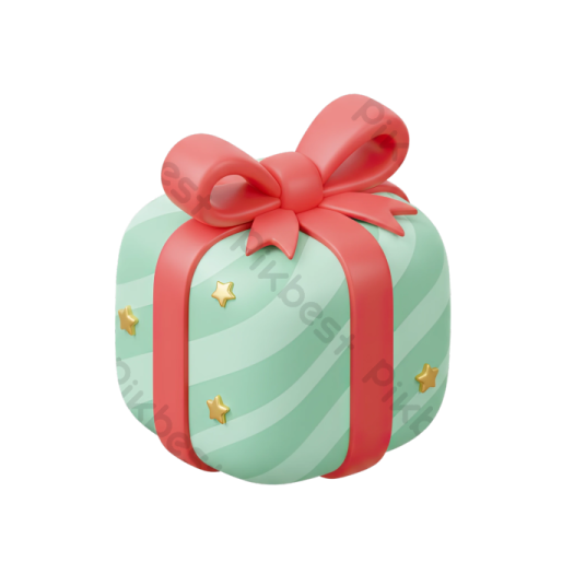 a green gift box with red ribbon and gold stars