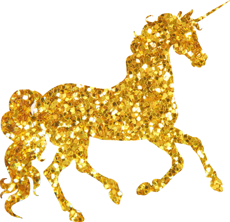 a golden unicorn silhouette on a white background