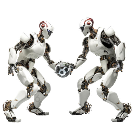 two robots playing with a soccer ball