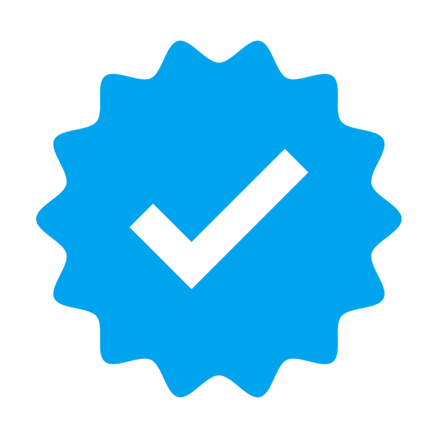 a blue seal with a tick mark on it