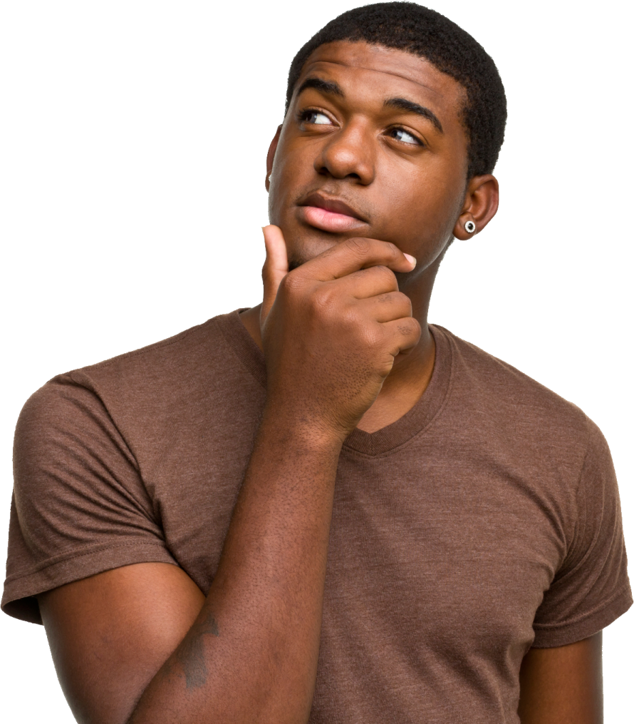 a man looking up with his hand on his chin