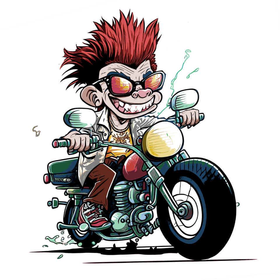 a cartoon character riding on a motorcycle