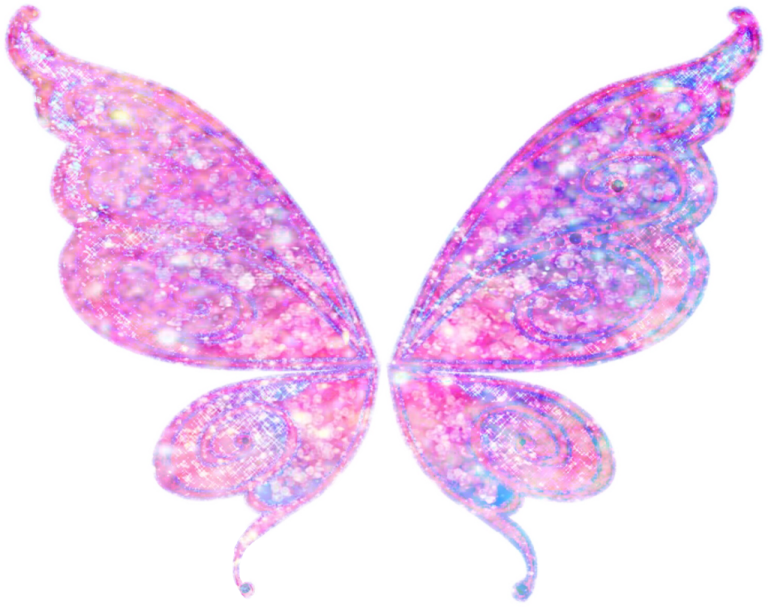 a pink and blue butterfly with glitter wings