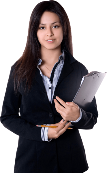 a woman in a business suit holding a clipboard