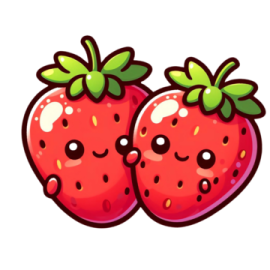 two red strawberries with green leaves on them