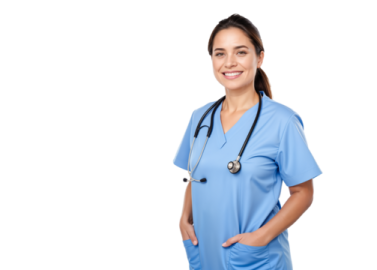 a woman wearing a blue scrub suit with a stel