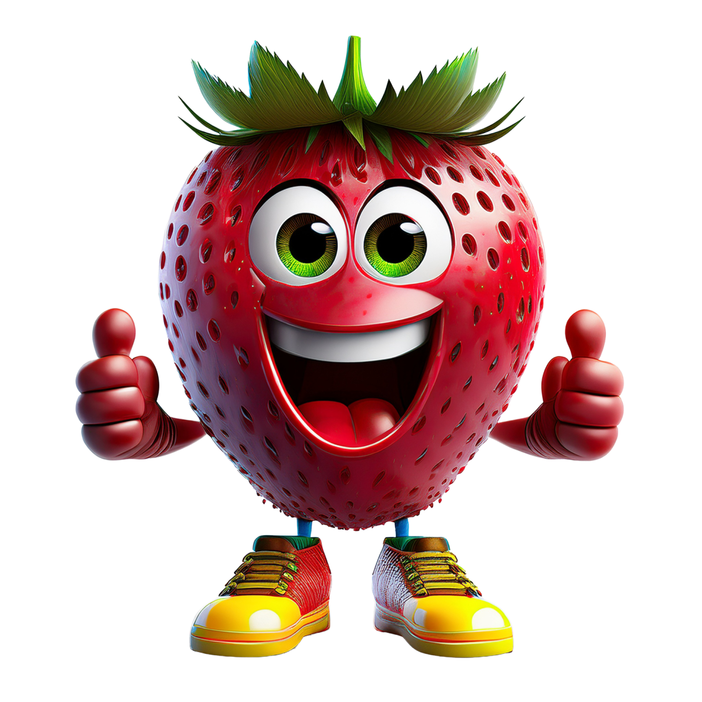 a red strawberry with green leaves on its head