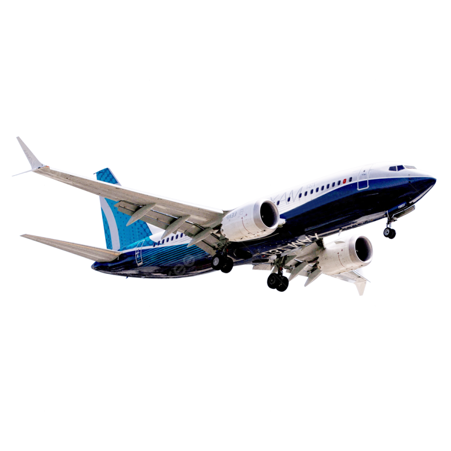 a blue and white airplane flying in the sky