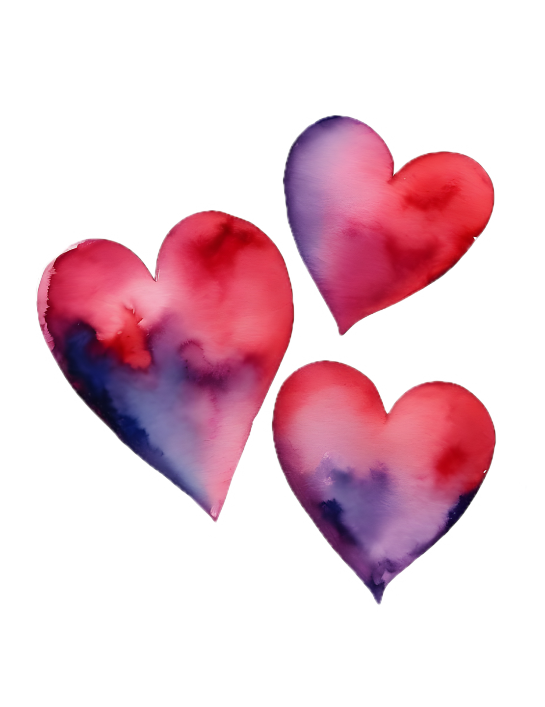 three watercolor hearts on a white background