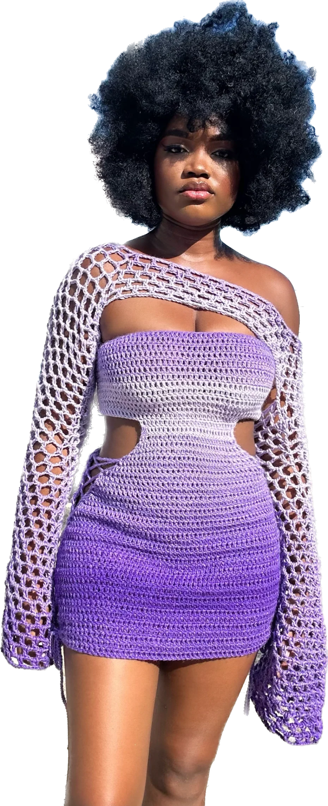 a woman wearing a purple and white crochet top