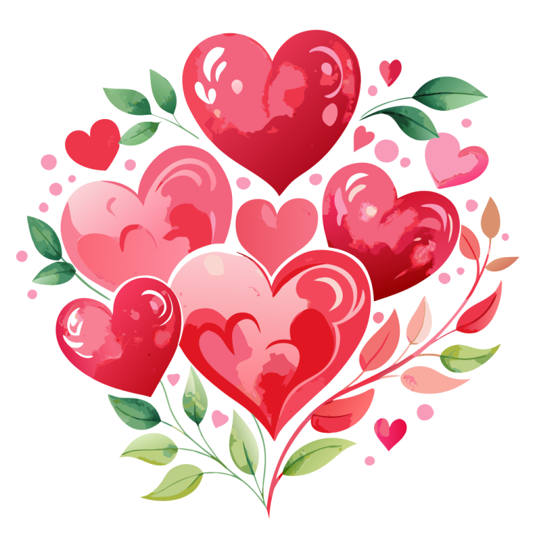 a bunch of red hearts with green leaves