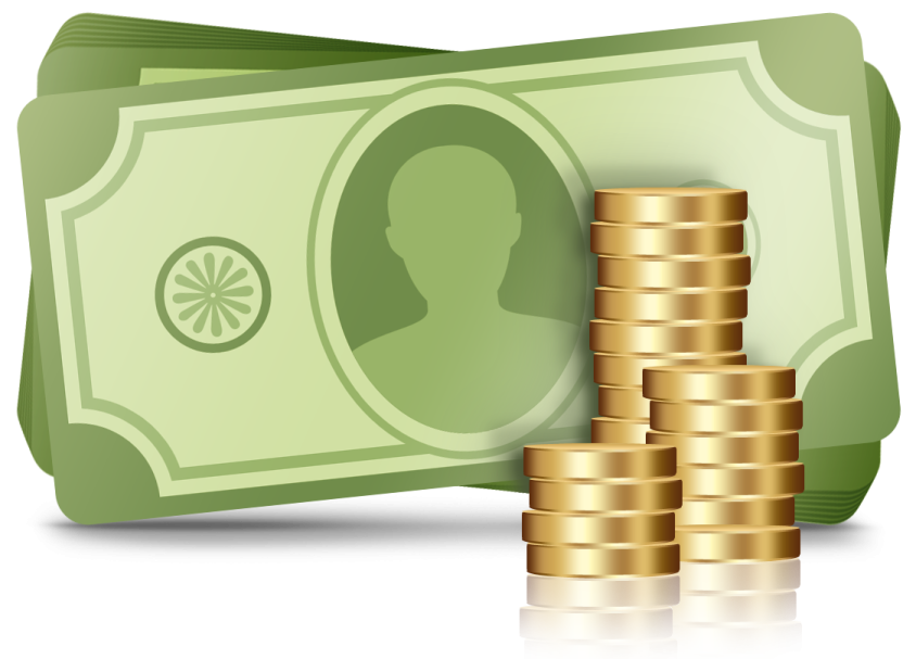 a stack of gold coins next to a green dollar