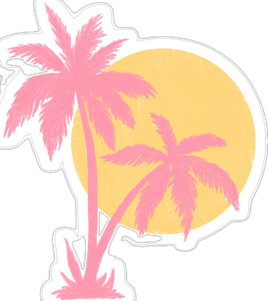 a pink and yellow palm tree with the sun behind it