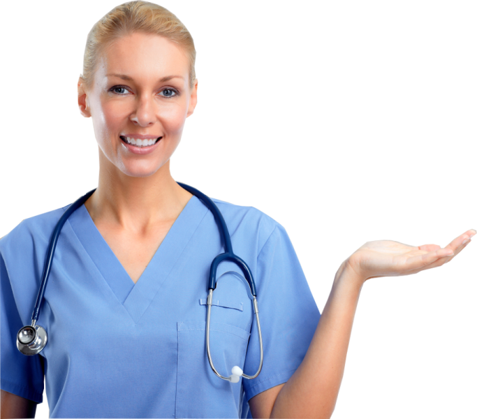 a woman in scrubs holding out her hand