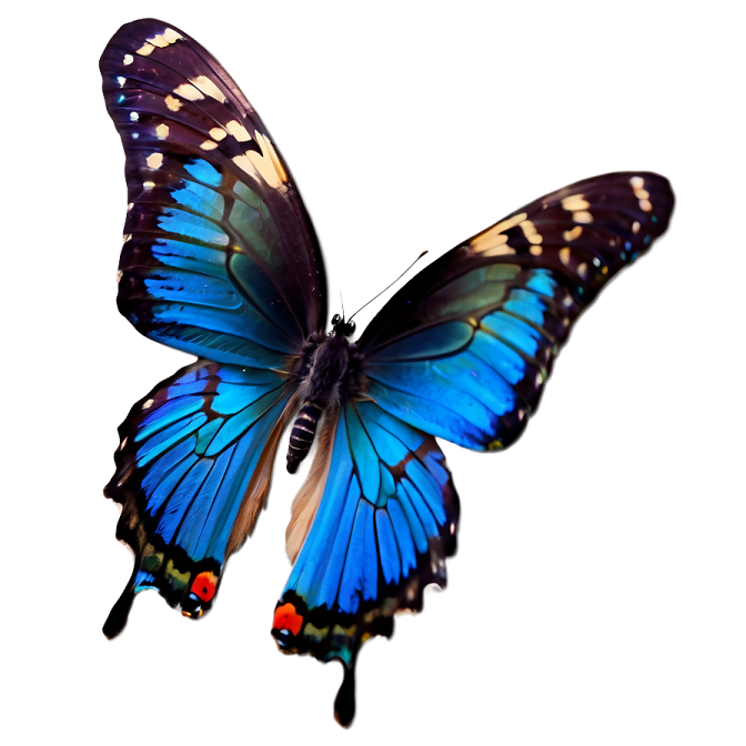 a blue butterfly flying in the air