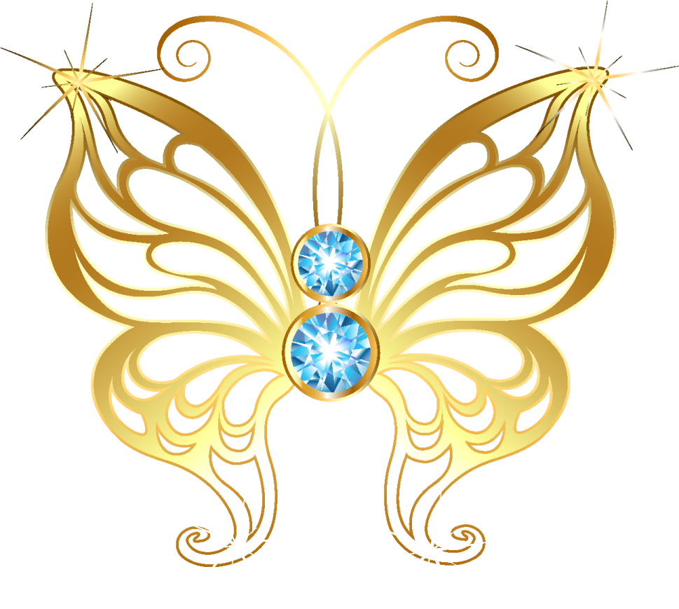 a gold butterfly with blue gems on its wings