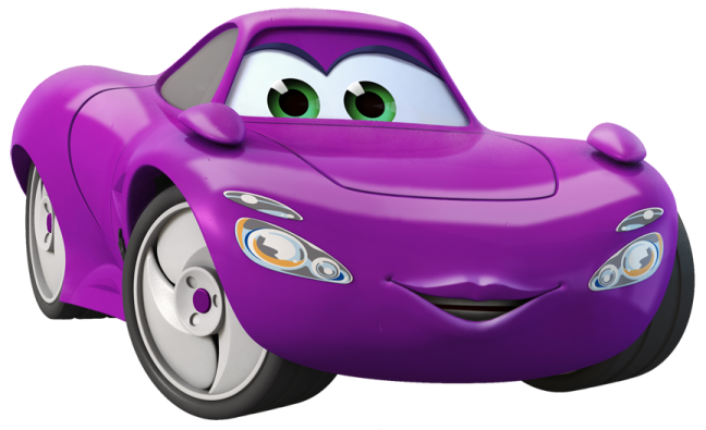 a purple car with green eyes