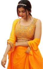 a woman in an orange and yellow sari