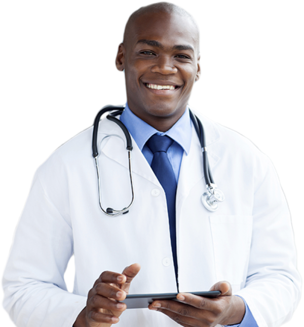 a man in a white coat holding a tablet