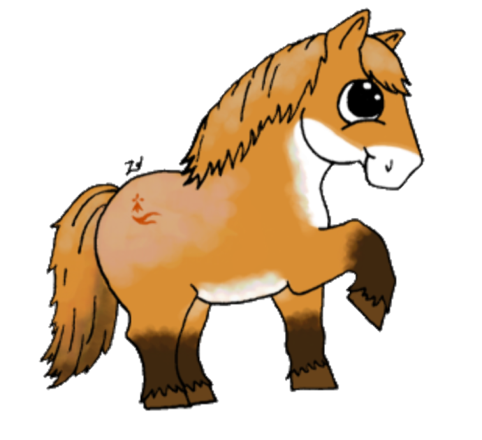 a cartoon horse with brown hair and black eyes