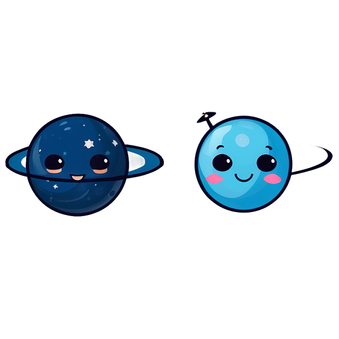 two cartoon planets, one blue and the other white