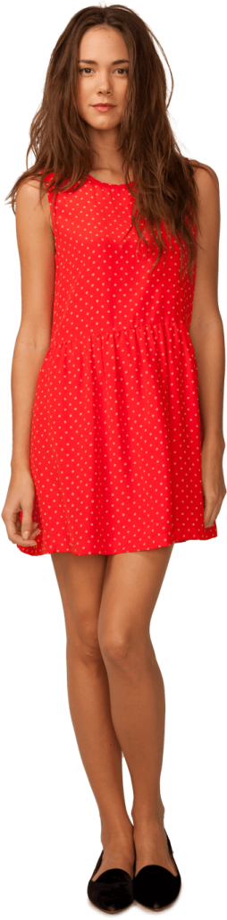 a woman in a red dress and black shoes