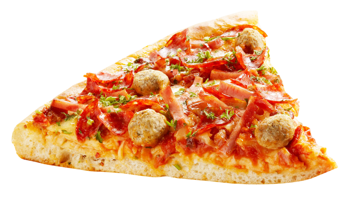 a slice of pizza with meat and vegetables