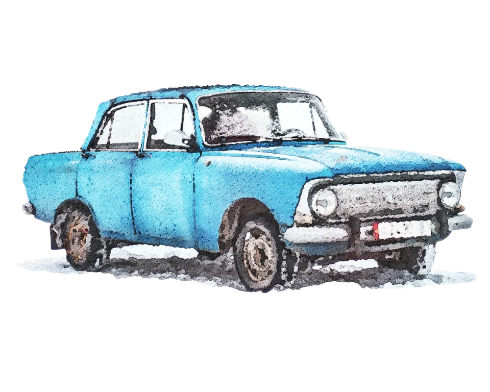 an old blue car in the snow