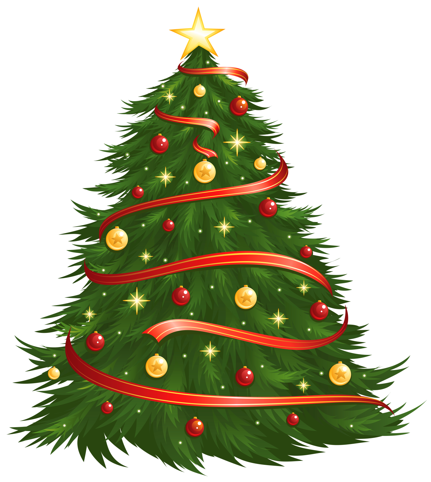 a christmas tree with red ribbon and gold ornaments