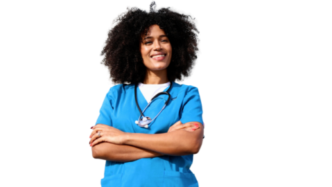 a young woman in scrubs with her arms crossed