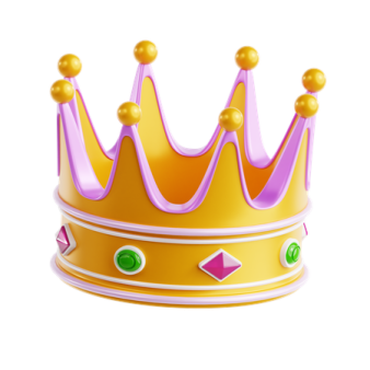 a purple and gold crown with green eyes