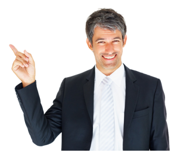 a man in a suit pointing at the camera
