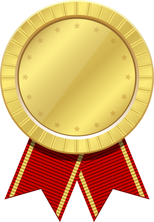a gold medal with red ribbons