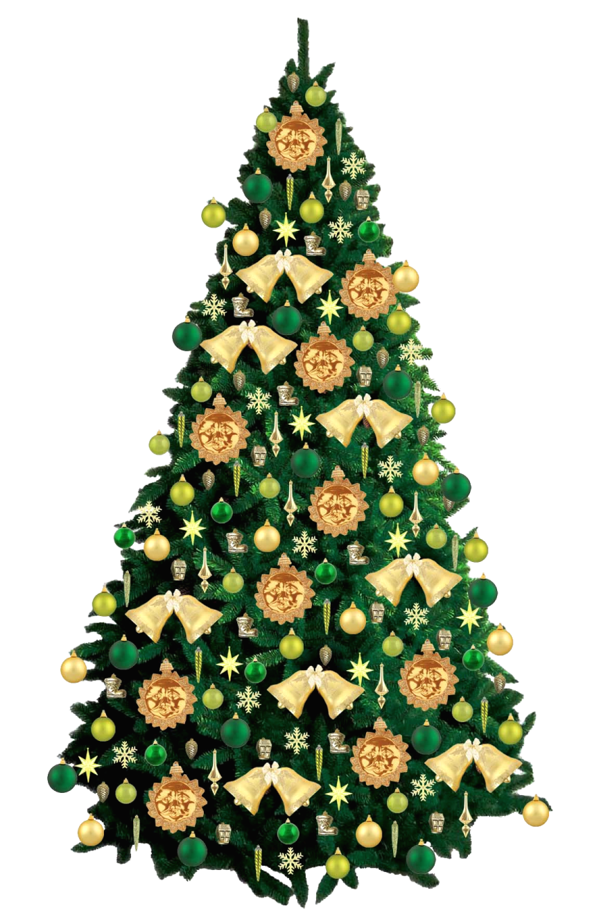 a christmas tree with gold and green ornaments
