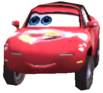 a red car with a big blue eyes