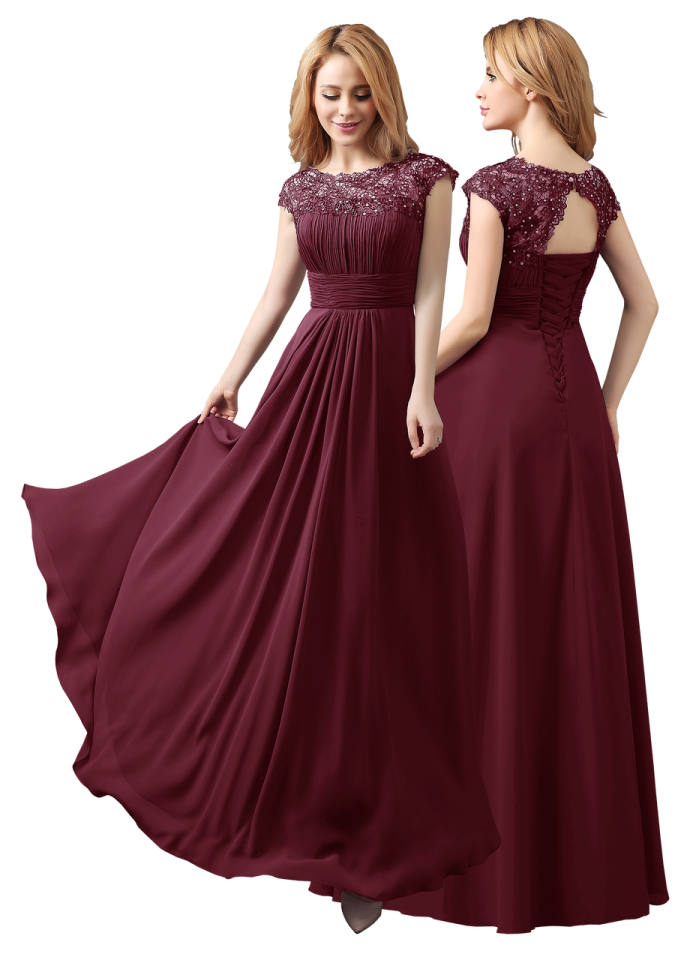 a woman wearing a burgundy bridesma dress